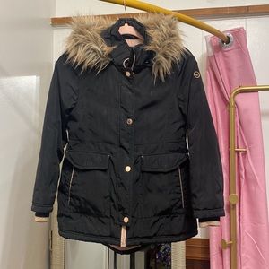 Michael Kors girls 10/12 black and rose gold coat with faux fur hood